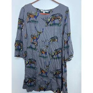 Boden Womens Grey‎ Deer Print 3/4 Sleeve Tunic Dress 12 Mini Hunting Casual Comf